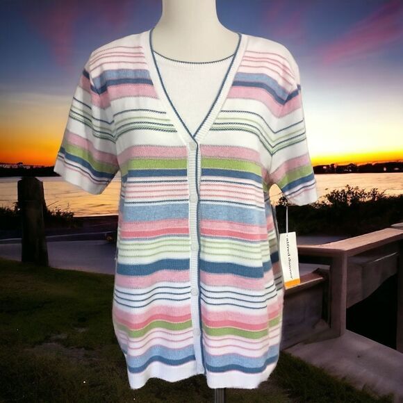 Alfred Dunner Short Sleeve Sweater S NEW Striped Pastels Light Faux Twin Set - Picture 1 of 16